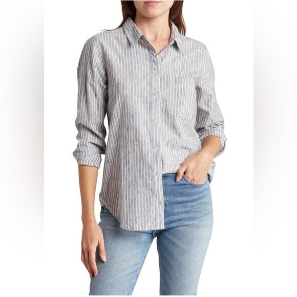 Lucky Brand Striped Button Up Tunic Shirt Long Sleeve Cotton Chest Pocket - Picture 2 of 16